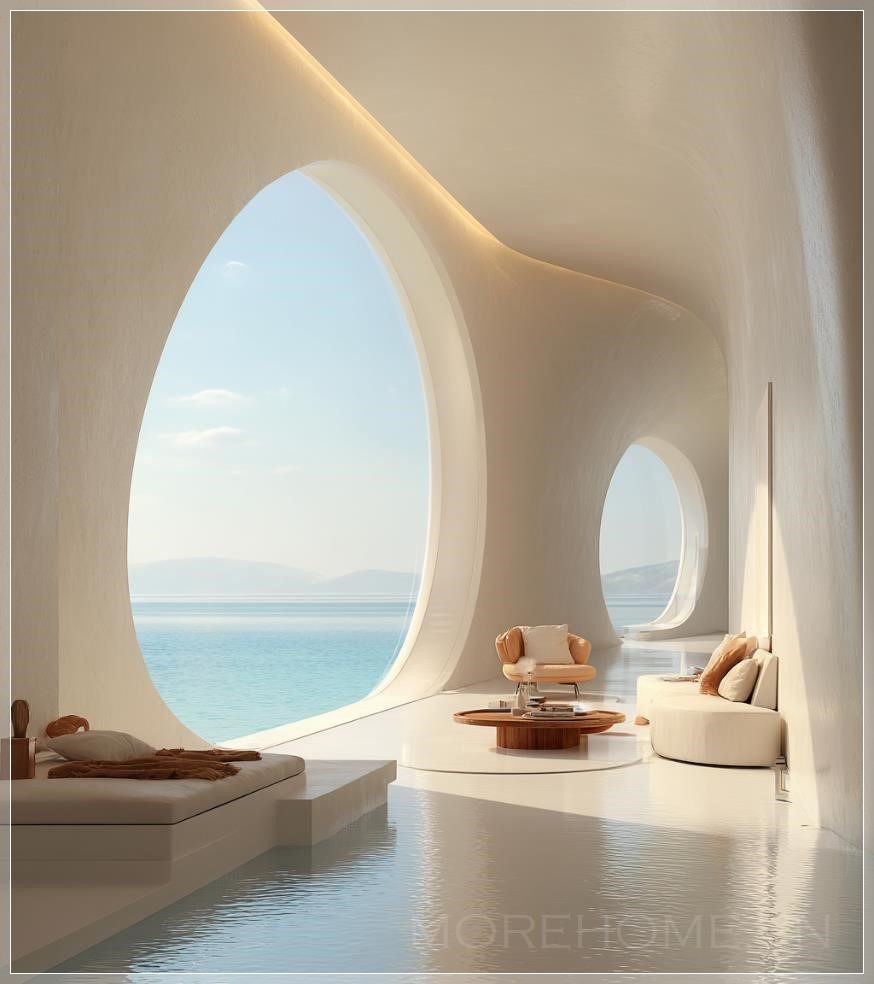 Nội thất màu trắng với cửa sổ hình bầu dục, một chiếc sofa và bàn đặt ở giữa, tường màu be sáng, tầm...