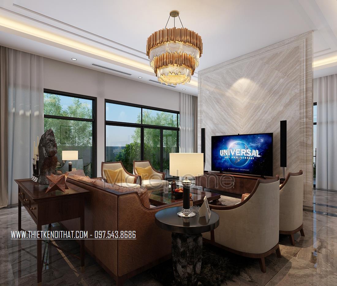 Phòng khách với bộ sofa gỗ bọc da