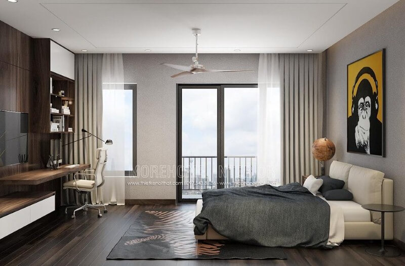 Phòng ngủ con được thiết kế theo phong cách hiện đại độc đáo nhưng khá thông thoáng từ góc học tập, cửa sổ, ban công, giường tối giản. Thiết kế phòng ngủ