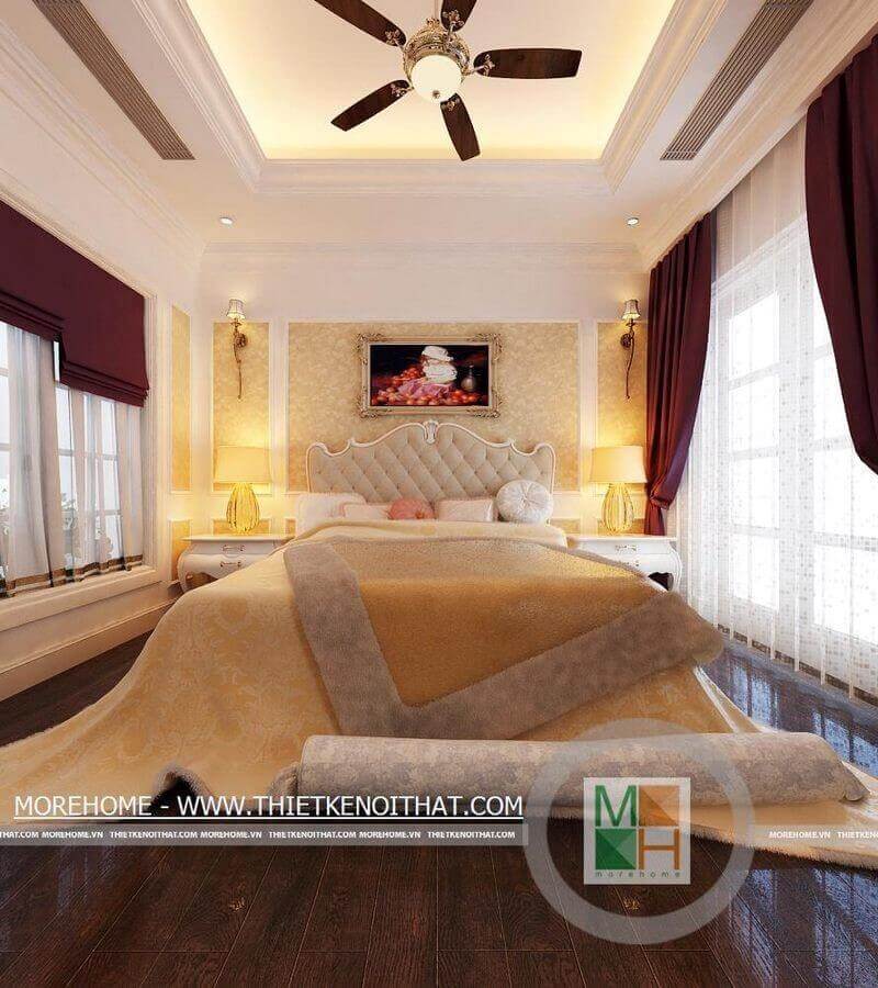 Phòng ngủ được thiết kế theo tông màu ấm cùng nội thất tân cổ điển sang trọng, đẳng cấp thiết kế biệt thự