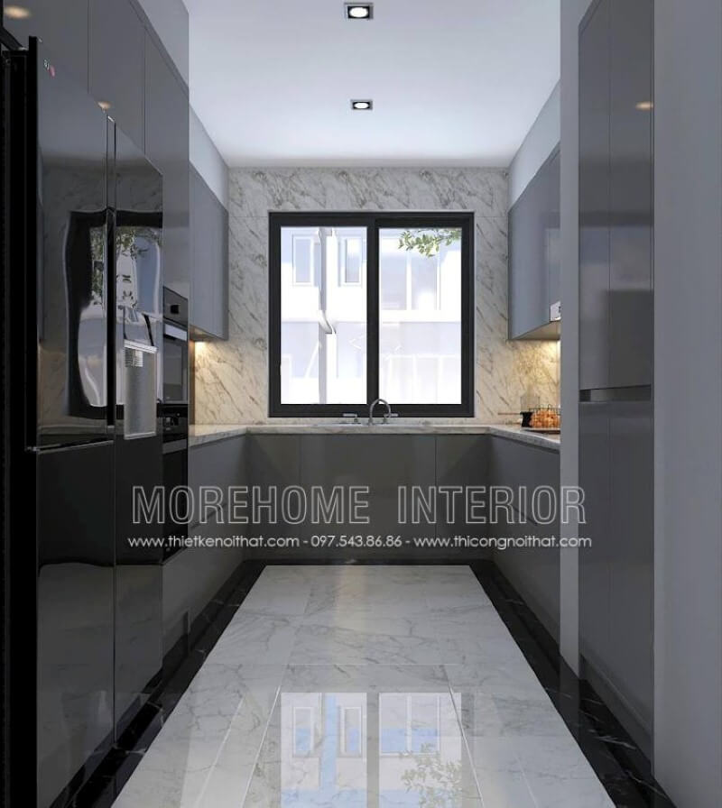 Với không gian bếp không được lớn, bạn nên thiết kế nội thất với tủ bếp hình chữ U hiện đại gỗ acrylic trong đây với một bên bố trí tủ lạnh, lò vi sóng, lò nướng một bên là bếp từ nấu và tủ bếp đựng bát đĩa, xoong nồi cần thiết và ở giữa là chậu rửa là một trong những gợi ý giúp không gian bếp được phát huy tối đa công năng. Thiết kế tủ bếp biệt thự sang trọng